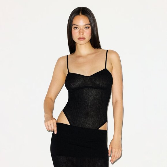 Skims Sheer Knit Cami Bodysuit in Onyx, Size X-Small - Picture 1 of 10